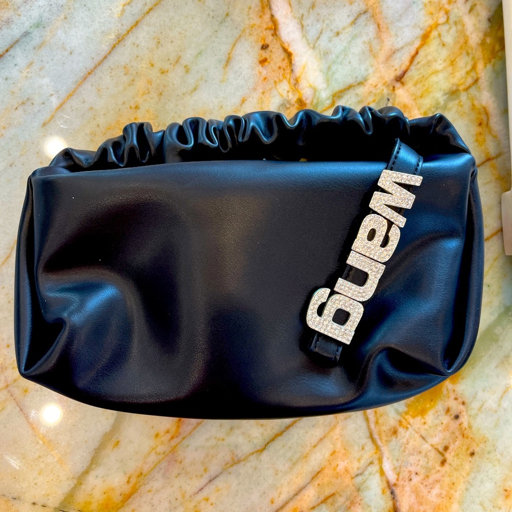 Black scrunchie wang bag with rhinestones, removable strap. So cute!